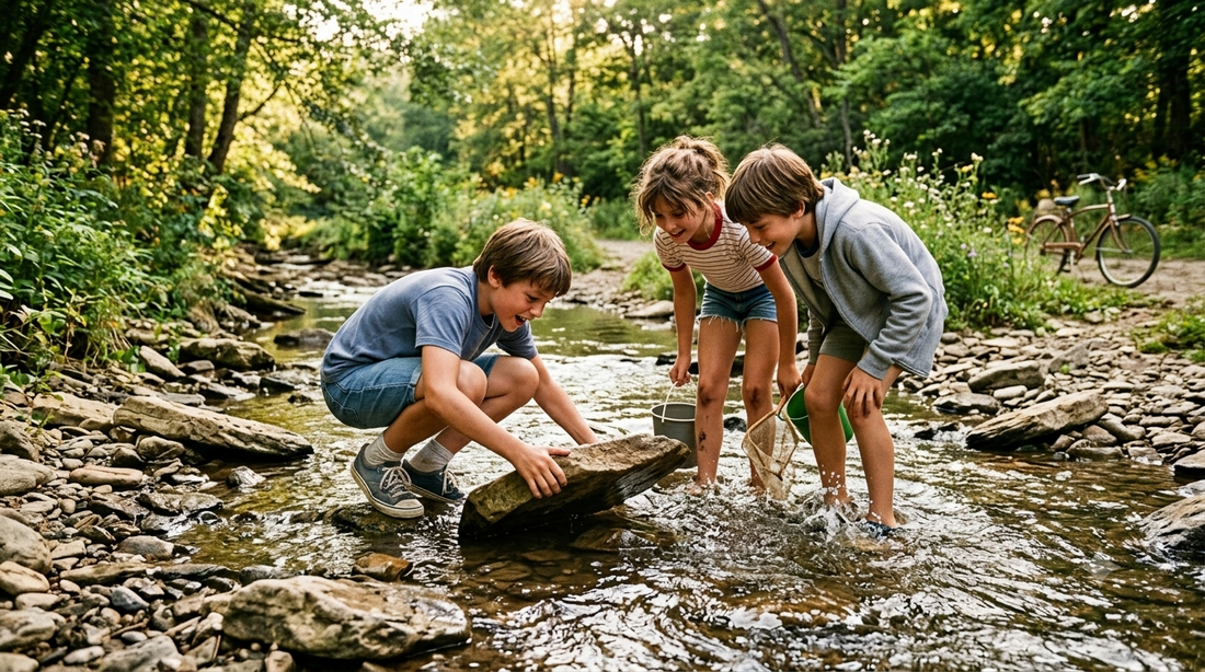 Gen X kids playing outside in a creek — unsupervised, free, and building real-world skills
