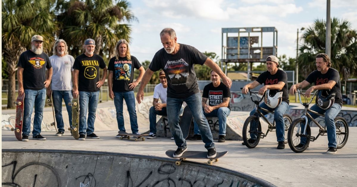 Gen X retirement community — skate parks, mosh pits, and garage bands instead of bingo night