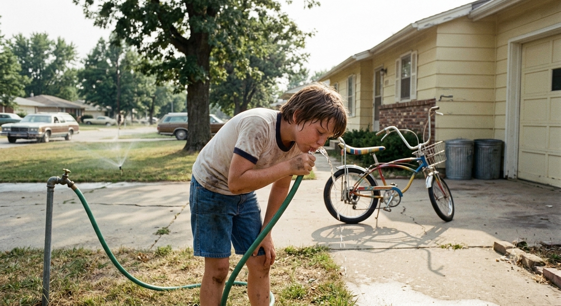 Gen X kid drinking from a garden hose — tough, unsupervised, and turning out just fine