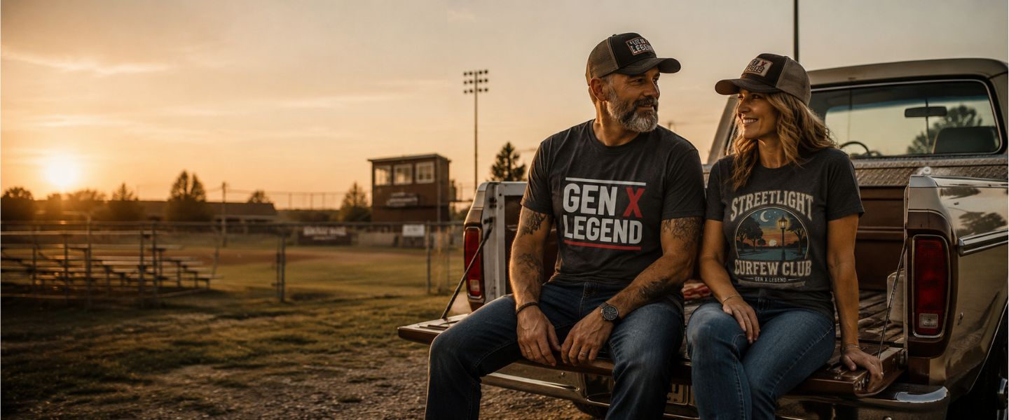 gen x couple sitting on back of pickup truck at baseball field at sunset